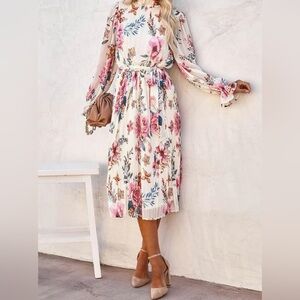 ANRABESS Women's Floral Midi Dress Puff Long Sleeve Ruffle Chiffon A-Line